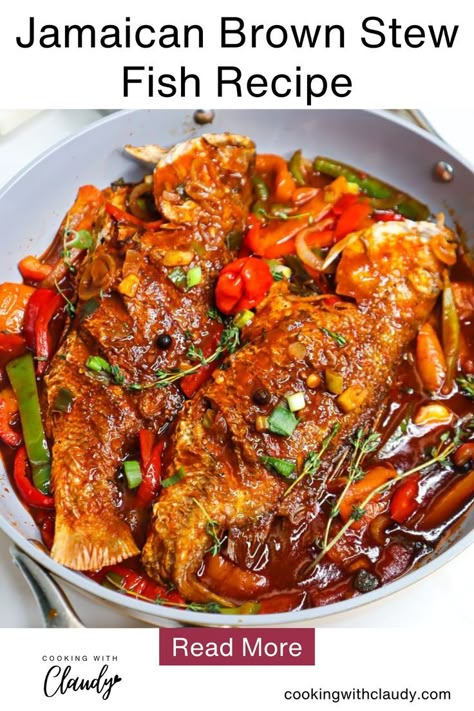 Immerse yourself in the exotic taste of Jamaica with our Brown Stew Fish recipe. Discover the rich blend of spices and flavors in this Caribbean classic. Read the full recipe now and savor the authentic taste of Jamaica at home! #BrownStewFish #JamaicanRecipes #CaribbeanCuisine #CookingWithClaudy #FlavorfulCreations #HomemadeDelights #IslandFlavors 🐟 Stew Fish Recipe, Brown Stew Fish, Jamaican Brown Stew, Stew Fish, Jamaican Brown Stew Chicken, Red Snapper Recipes, Snapper Recipes, Brown Stew Chicken, Jamaican Dishes