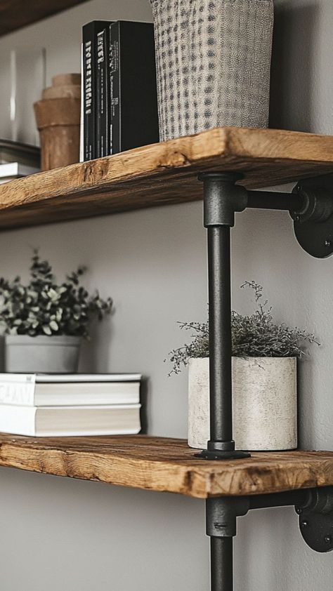 Add a bold industrial touch to your home with DIY pipe shelving! This stylish project uses metal pipes and wood planks to create functional, modern shelving that’s perfect for organizing and decorating. Whether for a living room, kitchen, or office, pipe shelving brings an edgy, industrial vibe to any space. 🛠📚 #DIYPipeShelving #IndustrialDecor #DIYHomeProjects #ModernShelving Industrial Shelves Living Room, Industrial Piping Shelves, Pipe Bar Shelves, Diy Industrial Shelves, Metal Pipe Shelves, Industrial Shelf Diy, Industrial Pipe Decor, Industrial Metal Shelving, Iron Pipe Shelves