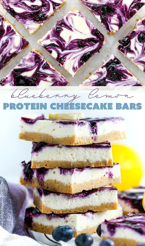 Healthy Protein Cheesecake Recipes, Blueberry Protein Bar, Lemon Protein Recipes, High Protein Blueberry Cheesecake, Protein Cheesecake Bars, Protein Lemon Bars, Bariatric Treats, Protein Cheesecake Healthy, Blueberry Protein Bars