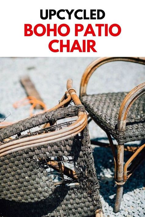 Check out this patio chair upcycle before and after idea for a way to give old furniture a second life. Boho inspired patio chair upcycle DIY. Upcycle Outdoor Chairs, Diy Patio Chairs Makeover, How To Fix Wicker Patio Furniture, Old Wicker Chairs, Patio Chairs Makeover, Chair Upcycle, Upcycle Frames, Outdoor Chairs Diy, Backyard Vibes