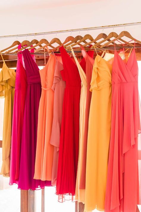 Colorful Maximalist Wedding, Sunset Wedding Theme, Bridesmaid Palette, Sunset Wedding Colors, Bridesmaid Dress Color Schemes, Bridal Era, Orange And Pink Wedding, Sunset Color Palette, Taylor Wedding