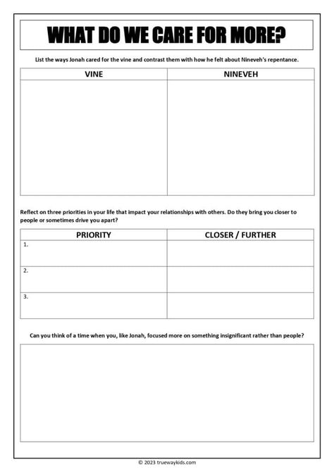 Looking for a thought-provoking Bible lesson for your teens? Check out our free printable worksheet on Jonah chapter 4. Dive deep into the important question of what is more important and ignite meaningful discussions with your youth group. Download now and enhance your Bible study sessions! #BibleLessons #YouthMinistry #JonahChapter4 #TruewayTeens Teen Bible Lessons, Bible Quiz, Faith Journal, Study Resources, True Or False, Study Sessions, Youth Ministry, Free Printable Worksheets, Youth Group