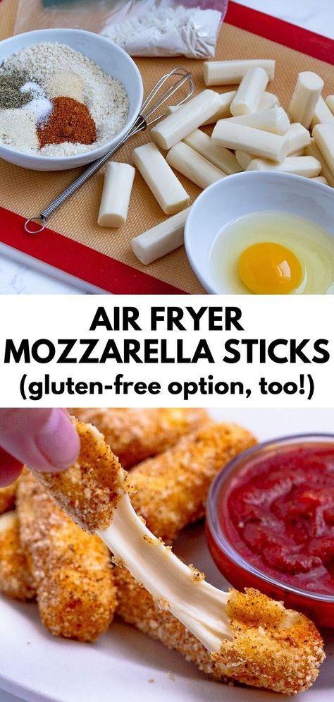 Air Fryer Game Day Snacks, Mozzarella Sticks In The Air Fryer, Airfryer Cheese Sticks, Air Fryer Baked Recipes, Mozzarella Stick Recipes Air Fryer, Gf Mozzarella Sticks, Gluten Free Air Fryer Mozzarella Sticks, Savory Healthy Dinner, Mozzarella Snacks Healthy