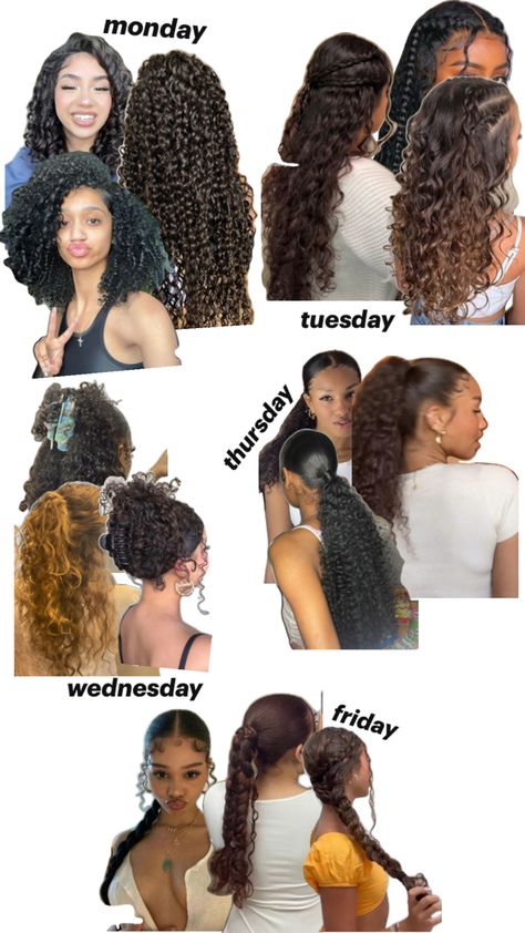 curly hairstyles for the week Curly Hairstyles For The Week, Hairstyles For Curly Hair Natural Updo, Week Hairstyles Ideas, Week Of Curly Hairstyles, Curly Slicked Hairstyles, Weekly Hairstyles For School, Hairstyles With Curly Bangs, Curl Hair Routine Naturally Curly, High Pony Curly Hair