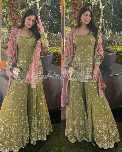 Green Sharara, Sharara Designs, Butterfly Net, Full Sleeve Top, Fiesta Outfit, Eid Outfits, Punjabi Dress, Sharara Suit, Cotton Dupatta