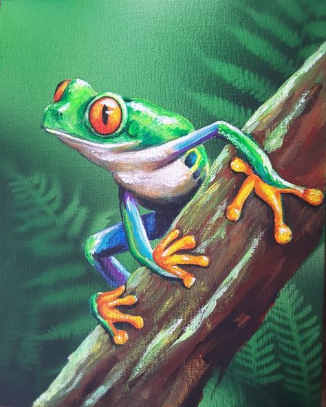 sandy 🎨artist on Instagram: “Just a little one #Frog #painting #art #rainforest #frogart” Rainforest Painting Acrylic, Mushroom Frog Painting, Cute Frog Painting, Rainforest Painting, Rainforest Frog, Frog Painting, Watercolour Cards, Classroom Idea, Food Painting