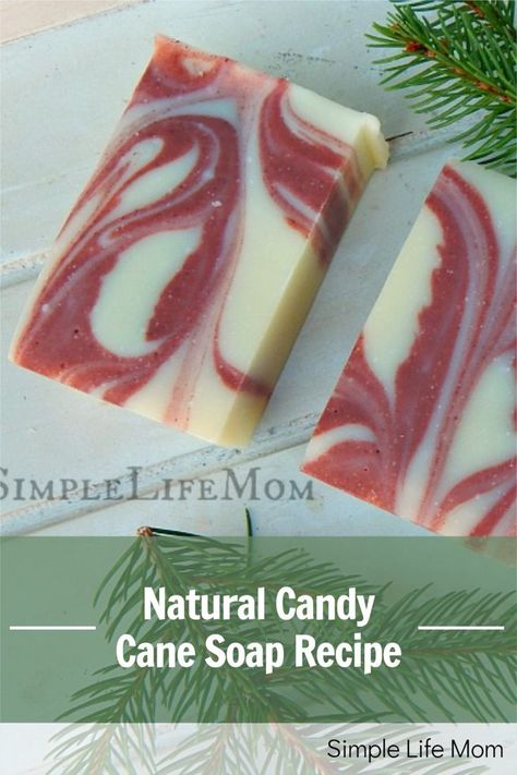 Natural Candy Cane Soap Recipe -A Great Gift Idea - Simple Life Mom Peppermint Cold Process Soap, Christmas Cold Process Soap Ideas, Winter Cold Process Soap Recipes, Homemade Christmas Soap Recipes, Peppermint Soap Diy, Soap Recipes Cold Process, Hot Process Soap Recipes, Peppermint Soap Recipe, Christmas Soap Recipes