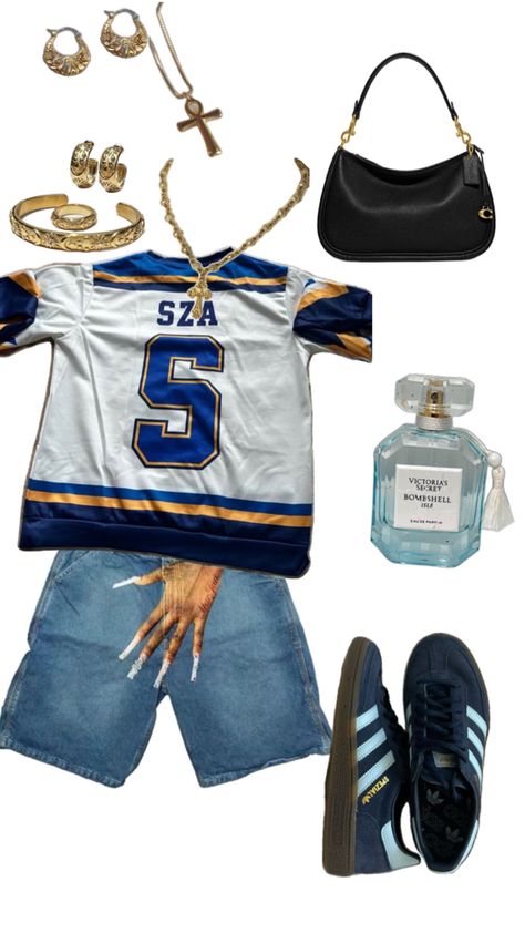 #outfit #gold #collage #jewelry #coach #shoulderbag #sambas #navy #jorts #jersey y’all nobody is seeing my pinsssss 😭 Sza Jersey, Collage Jewelry, Shoulder Bag, Collage, Navy, Gold