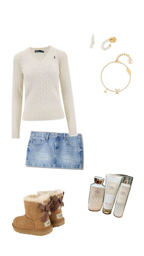 White beige cream uggs white pumpkin & chai gold jewelry mini denim skirt polo ralph lauren minimalist simple pearls rory gilmore White Mini Skirt Outfit, Pumpkin Chai, Mini Denim Skirt, Simple Pearl, White Mini Skirt, Miniskirt Outfits, Rory Gilmore, White Pumpkins, Outfit Inspo Fall