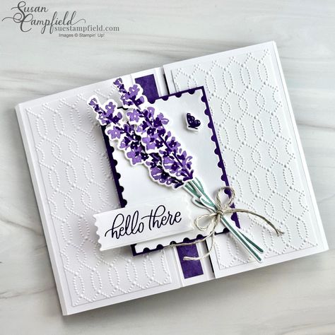 Susan Campfield, Lavender Stamp, Fancy Fold Card Tutorials, Daisy Cards, Purple Cards, Birthday Cards For Women, Fold Cards, Fancy Fold Cards, Fancy Folds