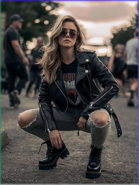 Fashion Rocker Chic, Rock Style Outfits For Women, Maddy Aesthetics, Biker Girl Aesthetic Outfits, 80s Rock Aesthetic Outfits, Rock Photoshoot Ideas, Concert Outfit Baddie, Coffee Pose, Rocker Party