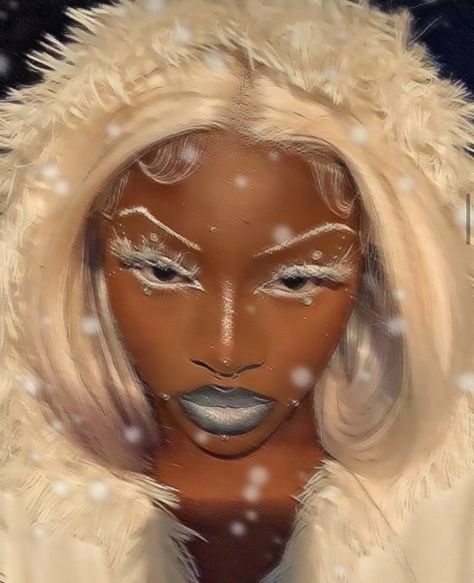 Winter Creative Makeup, White Makeup Black Women, Ice Queen Hair, Winter Inspired Makeup, Yeti Makeup, White Elf Makeup, White Lashes Makeup, White Makeup Looks Black Women, White Christmas Makeup