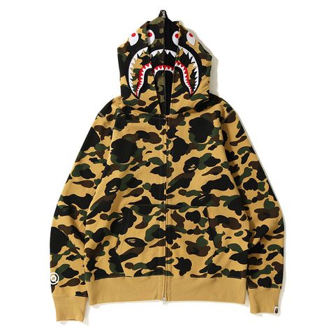 Bape Sweater, Bape Shark Hoodie, Double Hoodie, Yellow Camo, Hoodie Yellow, Underground Clothing, Bape Hoodie, Shark Hoodie, Camo Hoodie