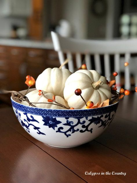 White pumpkins in a blue and white bowl for fall Fall Decor With Blue, Navy Fall Decor, Blue And Orange Fall Decor, Blue And White Fall Decor, Orange Fall Decor, Blue Fall Decor, Navy Blue Decor, Fall Mantle Decor, White Things