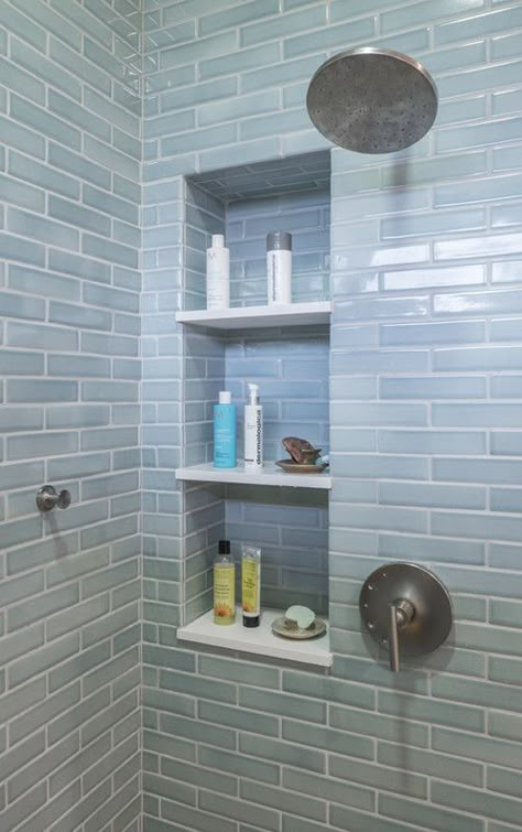 Colorful Shower Tile Ideas, Bathroom Farmhouse Ideas, Blue Shower Tile Ideas, Cape Remodel, Small Bathroom Decoration, Senior Bathroom, Shower Redo, Home Decorating Ideas Living Room, Bathroom Tiles Design