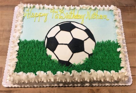 Soccer Decorated Birthday Cake Soccer Ball Cake, Soccer Birthday Cakes, Football Birthday Cake, Sports Cakes, Soccer Cake, Soccer Birthday Parties, Birthday Sheet Cakes, Sport Cakes, Football Cake