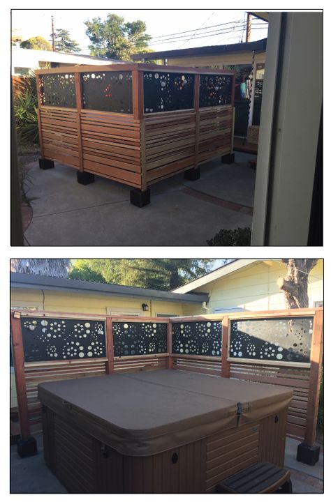 Custom outdoor metal privacy screen (inserts) for a wood enclosed privacy fence.  Many sizes, colors and design options available.  Please contact us for a custom quote: k.t@RusticaOrnamentals.com 860-778-6841 Spa Privacy Screen, Privacy Screen On Fence, Privacy Screen Around Hot Tub, Spa Fencing Ideas, Hot Tub Ideas Backyard Privacy Wall, Hot Tub With Privacy Screen, Privacy Fence For Hot Tub, Hot Tub Privacy Wall, Hot Tub Screening Ideas