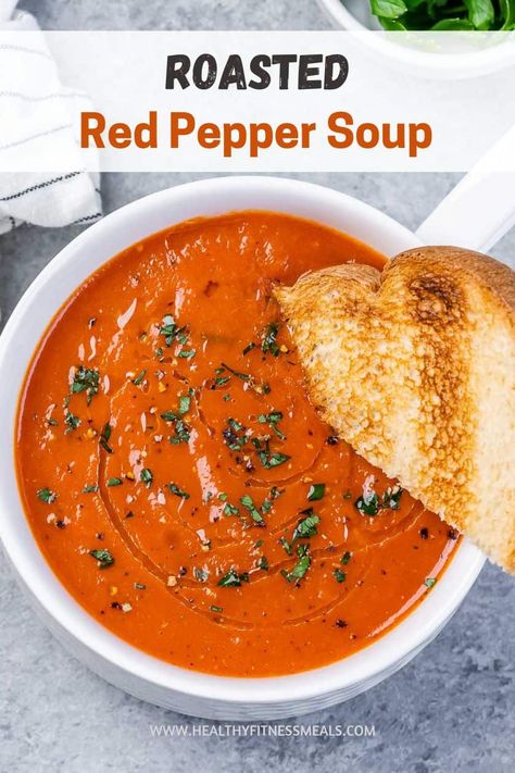 Red Pepper Soup Crockpot, Sheet Pan Roasted Red Pepper Soup, Roasted Red Pepper Soup Recipe, European Soup, Red Bell Pepper Soup, Red Pepper Soup Recipe, Roasted Red Peppers Recipes, Roasted Pepper Soup, Light Dinners