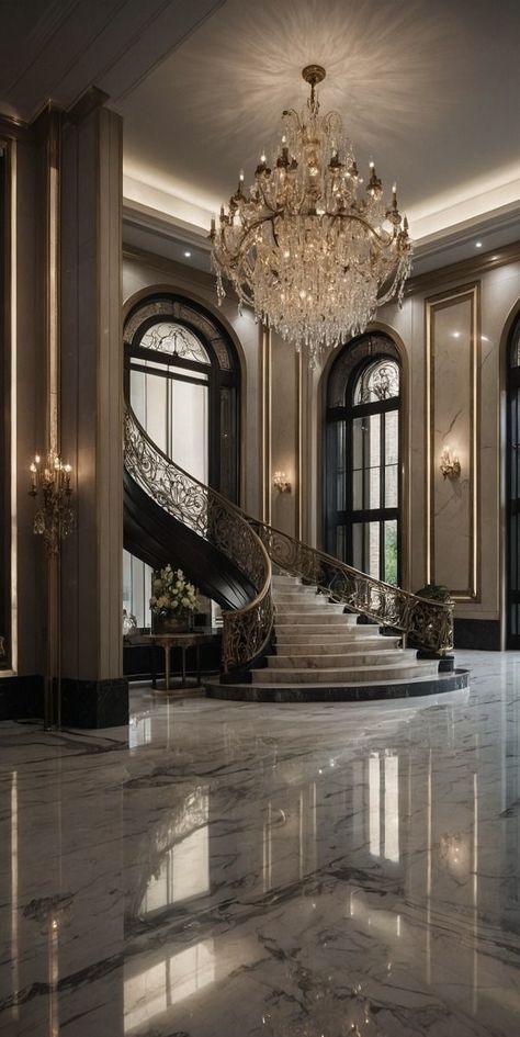 Luxurious Hall Design, Entrance Hall Staircase, Chandelier Entrance Hall, Luxury Entry Foyer Design, Dark Modern Entryway, Elegant House Interior Luxury, Luxury Staircase Grand Entrance, Luxury Grand Entrance, Rich Home Aesthetic