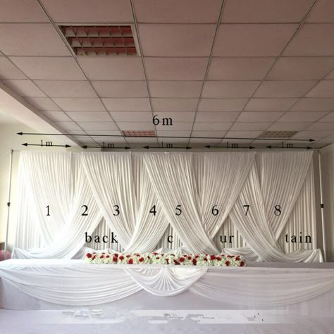 Backdrop Swag Draping, Wall Curtains Backdrops, Drapes Backdrop Wedding, Party Drapery Ideas, Draping Fabric On Walls, Stage Draping Ideas, Drape Wall, Drapery Wall, Wedding Draping Backdrop Curtains & Drapes