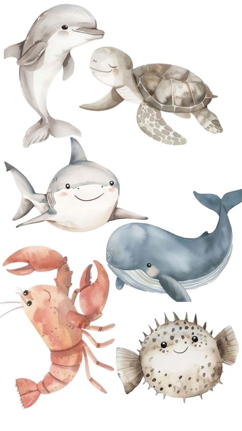 Watercolor Sea Animals, Cute Ocean Animals, Underwater Illustration, Underwater Animals, Baby Art, Animal Clipart, Ocean Animals, Animal Nursery, Sealife