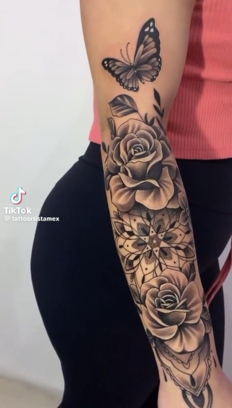 Mexican Style Tattoos For Women, Women’s Arm Sleeve, Wrap Around Arm Tattoo For Women, Girly Sleeve Tattoo, Pictures Of Tattoos, Indian Feather Tattoos, Lower Arm Tattoos, Around Arm Tattoo, Arm Sleeve Tattoos For Women