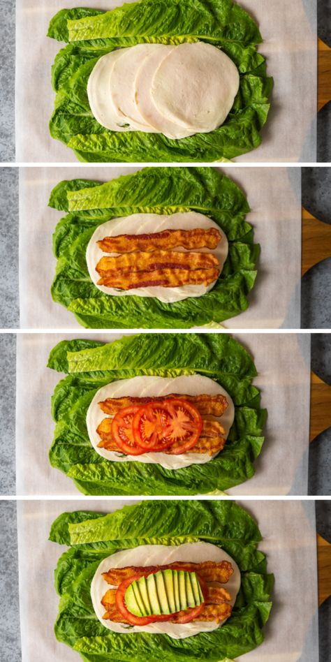 Use this No Bread Turkey Club method to make your favorite sandwich into a low carb sandwich. Make a no bread sandwich by rolling all of your favorite fillings into a romaine lettuce wrap. Lunch Meat Lettuce Wraps, Lettuce Sandwich Wraps Keto, How To Wrap A Lettuce Wrap, Keto Sandwich Ideas No Bread, Romain Lettuce Wraps, How To Make A Lettuce Wrap, No Bread No Pasta Meals, No Carb Sandwich Ideas, Breadless Sandwich Ideas