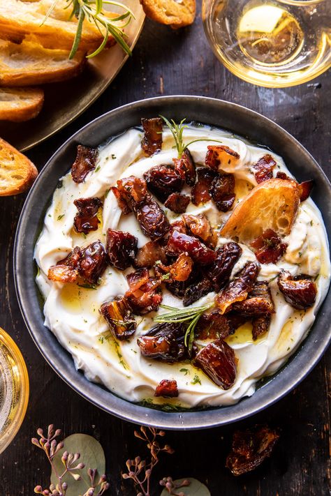 Whipped Goat Cheese with Warm Candied Bacon and Dates | halfbakedharvest.com Half Baked Harvest Goat Cheese Dip, Baked Goat Cheese With Honey, Half Baked Harvest Dip, Half Baked Harvest Appetizers Easy, Creamy Goat Cheese Bacon And Date Dip, Whipped Goat Cheese Dip Honey, Half Baked Harvest Appetizers, Whipped Goat Cheese Dip, Honey Whipped Goat Cheese