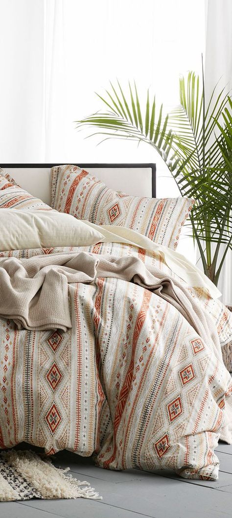 Modern tribal. Southwestern stripes warm the textural ground of this duvet cover set in spicy shades of curry, paprika, charcoal, and gray. Printed on smooth cotton percale. #duvetcovers #bedding #bedrooms #bedroomideas #masterbedroom #decoratingideas Western Duvet Cover Sets, Western Boho Duvet Cover, Aztec Duvet Cover, Southwestern Duvet Cover, Boho Sheets Bedding, Western Duvet Covers, Boho Western Bedding, Bed Duvet Covers Ideas, Satin Bedsheets