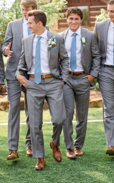 Blue Grey Wedding Suit, Slate Gray Groomsmen Suits, Dusty Blue And Grey Wedding Groomsmen, Grey Suit Blue Bridesmaid Dress, Wedding Colors With Grey Suits, Dusty Blue Wedding Party Groomsmen, Groomsmen Attire Dusty Blue, Dusty Blue Suit Groom, Grey Suit Blue Tie