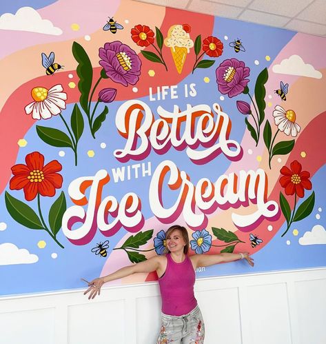 Olga Muzician Studio | Lettering, Murals (@olgamuzician) • Instagram photos and videos Bakery Mural Wall Art, Ice Cream Mural, Instagram Photo Wall, Siya Ram Painting, Food Mural, Library Mural, Woodland Mural, Mural Cafe, Instagram Wall