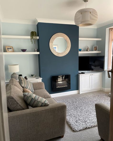 Blue Grey Feature Wall, Chimney Feature Wall Living Rooms, Small Living Room Feature Wall Ideas, Two Feature Walls Living Rooms, Chimney Feature Wall, Midnight Teal Dulux Heritage, Wall Extension Ideas Living Room, Living Room Designs With Chimney, Teal Media Wall