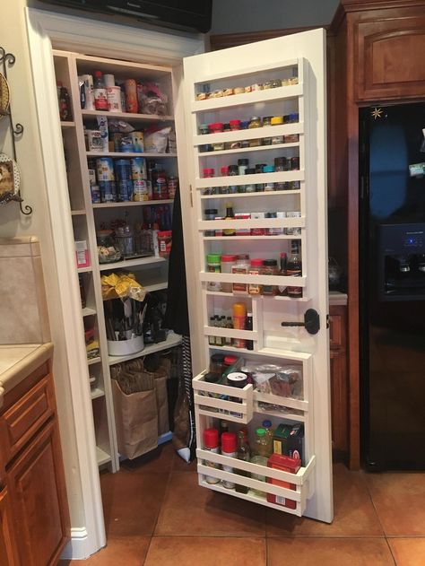 I made a pantry door spice rack for my Mom Pantry Door Spice Rack, Pantry Door Storage, Door Spice Rack, Pantry Door Organizer, Diy Spice Rack, Diy Pantry Organization, Small Pantry Organization, House Organization, Tiny Closet