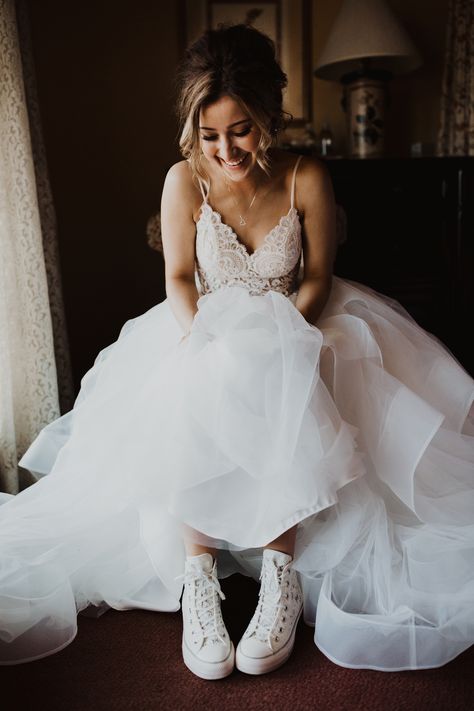 Haley A Photography // Bride chooses to wear chucks over stilettos on her wedding day! Herrington Hotel, Illinois Wedding Bride Converse, Wedding Dress With White Converse, Bride Wearing Sneakers, Wedding Dresses With Converse, Wedding Dress Sneaker, White Converse With Wedding Dress, Bride Wearing Converse, Bride In Converse, Wedding In Sneakers