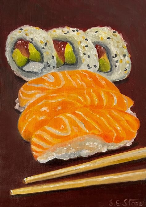 art, oil painting, oil on canvas, food painting, still life, realism, kitchen art, wall art, art deco, oil painting of sushi, still life paintings, food oil painting, handmade artwork, sushi and chopsticks, art in oil Food Painting Oil Pastel, Sushi Oil Painting, Japanese Food Painting, Chinese Food Painting, Sushi Painting Acrylic, Food To Paint, Culinary Paintings, Food Oil Pastel Drawing, Painting Ideas On Canvas Food