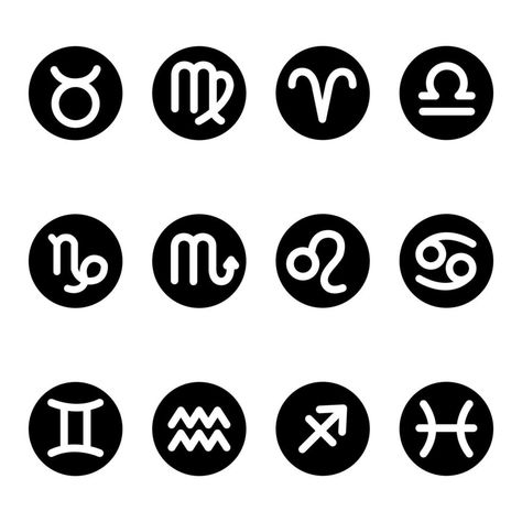 12 zodiac symbol icons white on black background round shape Round Symbols, Zodiac Doodles, Black And White Symbols, Zodiac Sign Symbols, Zodiac Icons, Zodiac Pattern, Zodiac Signs Colors, Moon Symbol, Zodiac Signs Symbols