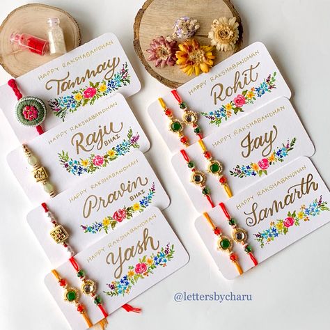 Make this Rakshabandhan feel more special with personalised name card for your siblings 💕 Rakhi Packing Ideas Handmade, Rakshabandhan Card Ideas, Happy Rakshabandhan Cards, Rakshabandhan Cards Handmade, Rakhi Card Ideas, Rakshabandhan Cards, Rakshabandhan Gift Ideas, Hamper Stickers, Rakshabandhan Hampers