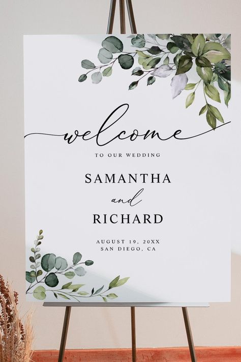 Rustic Watercolor Greenery Wedding Welcome Foam Board Rustic Greenery Wedding, Rustic Wedding Signage, Reception Signage, Rustic Watercolor, Watercolor Eucalyptus, Card Table Wedding, Foliage Wedding, Elegant Calligraphy, Landscape Orientation