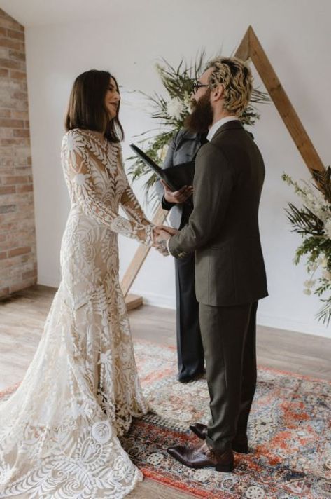 An intimate at home living room ceremony, based out of Ontario. What a vibe - having a living room based wedding ceremony with these two. Chelsea Gurr Photography Living Room Wedding Ceremony Decor, Wedding And Ceremony In The Same Room, Intimate Wedding Ceremony Indoors, Home Wedding Ceremony Indoor, Living Room Wedding Ceremony, Champagne At Wedding Ceremony, Glass House Wedding Ceremony, Cozy Wedding, Toronto Wedding