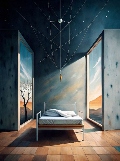 A Surreal Sanctuary - Digital Art Creations Surrealism Bedroom, Surrealist Interior, Dreamscape Architecture Bedroom, Door Surrealism, Sleep Surrealism, Bedroom Scene, Wall Color, Art Movement, Wall Colors