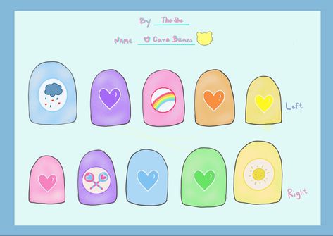 Care Bear Inspired Nails, Care Bears Nails Acrylic, Carebears Nail, Care Bear Nail Art Step By Step, Carebears Nail Designs, Green Care Bear Nails, Care Bear Valentine Nails, Care Bare Nails, Care Bear Nail Designs