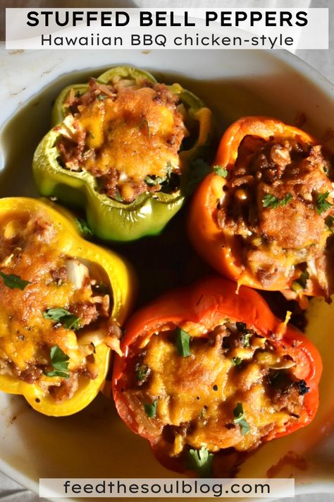 Stuffed bell peppers in glassware stuffed with chicken and topped with cheddar cheese. Stuffed Peppers With Chicken, Hawaiian Barbecue, Best Stuffed Pepper Recipe, Bbq Pineapple, Recipe With Pineapple, Turkey Stuffed Peppers, Stuffed Pepper Recipe, Baked Peppers, Feed The Soul