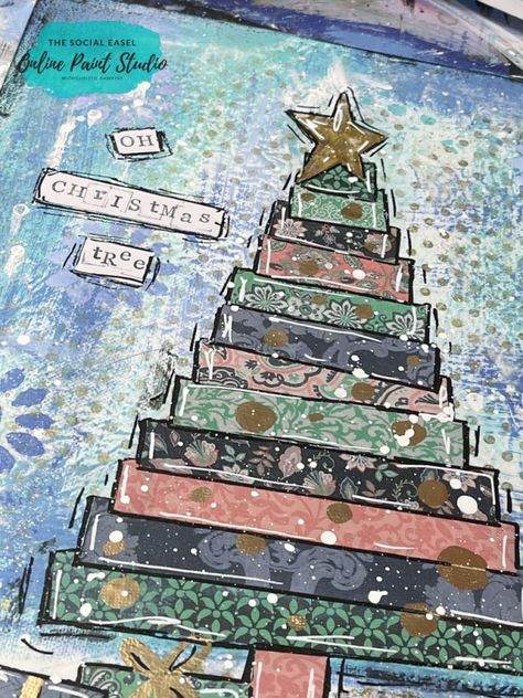 Mixed Media Christmas Tree, Christmas Mixed Media Art, Mixed Media Christmas Art, Mixed Media Christmas Cards, Christmas Mixed Media, Mixed Media Christmas, Cabin Crafts, Xmas Art, Painting Apron