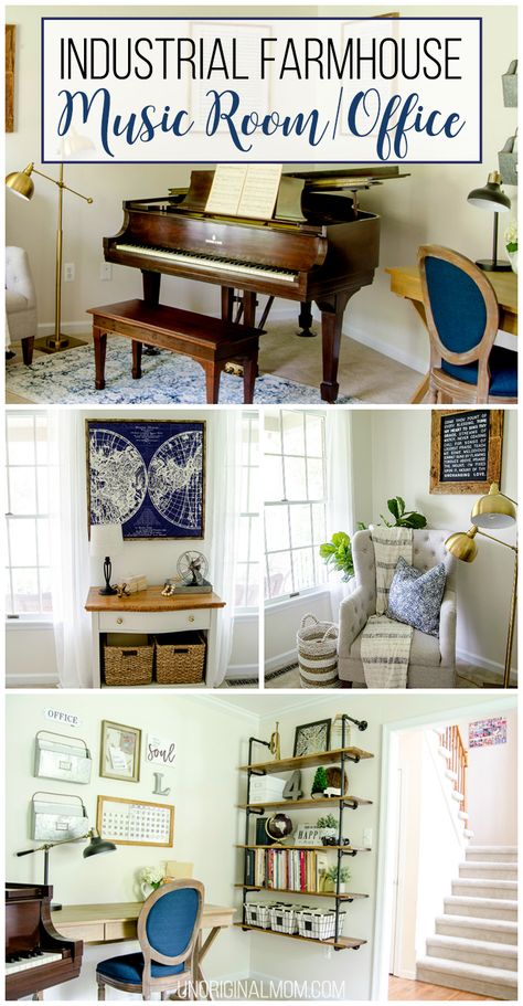 Beautiful Fixer Upper style industrial farmhouse office and music room makeover - includes pipe shelves, an office gallery wall, and lots of DIY farmhouse wall art! | One Room Challenge Office And Music Room, Industrial Farmhouse Office, Office Music Room, Music Room Office, Industrial Farmhouse Living Room, Farmhouse Office Decor, Office Music, Home Library Rooms, Home Music Rooms