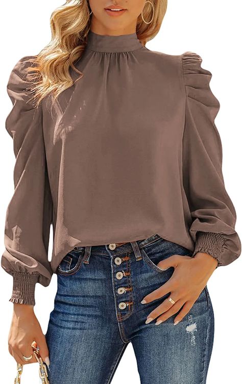 Fall Blouses, Puff Sleeves Blouse, Bishop Sleeve Blouse, Brown Blouse, Tops And Blouses, Turtleneck Shirt, Sleeves Blouse, Puff Long Sleeves, Puff Sleeve Blouse