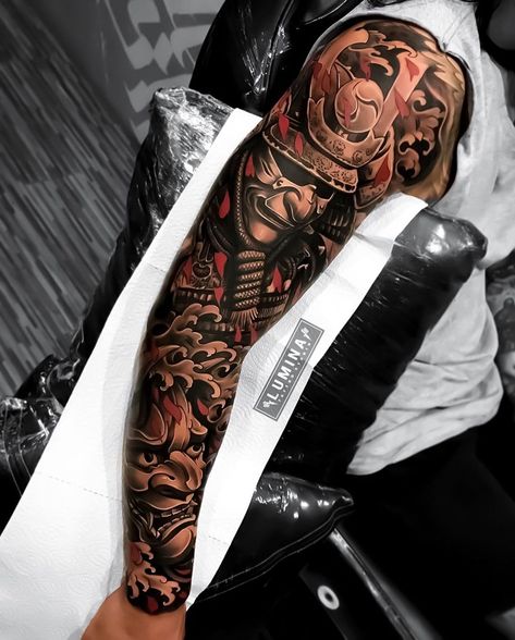 Japanese Ink on Instagram: “Incredible tattoo sleeve by @dodepras_lumina. The combination of red ink with a black & grey background is fantastic! To get another view…” Tattoo Japonais, Samurai Tattoo Sleeve, Japanese Leg Tattoo, Warrior Tattoo Sleeve, Samurai Warrior Tattoo, Japanese Tattoos For Men, Samurai Tattoo Design, Dragon Sleeve Tattoos, Full Sleeve Tattoo Design