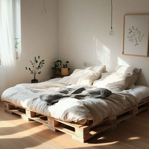 Pallet Bed Frame Mattress On Pallets Bedrooms, King Bed On Pallets, Wood Pallette Bed Frame, Build Bed Frame Diy, Bed On Wood Pallets, Boho Pallet Bed, Pallet Bed Aesthetic, Bed On Pallets Bedroom Ideas, Wooden Pallet Bed Frame