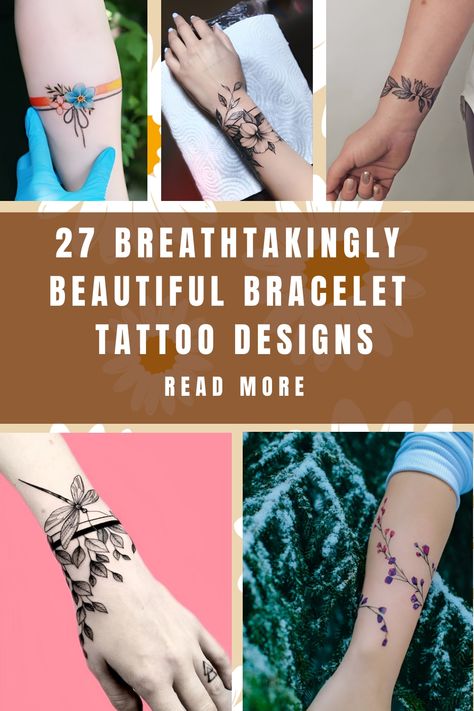 Bracelet tattoos are very popular among women. They’re elegant, beautiful, and versatile. Depending on your style, you can have them big or… Bracelet Tattoo Ideas Female, Tattoo Ideas Female Bracelet, Friendship Bracelet Tattoo Design, Dainty Wrist Bracelet Tattoos For Women, Fine Line Bracelet Tattoos For Women, Feminine Bracelet Tattoo, Charm Bracelet Tattoo Ideas, Dainty Bracelet Tattoos For Women, Wristband Tattoo Women