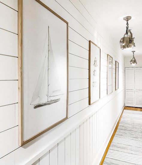 Shiplap Wall Coastal, Modern Coastal Feature Wall, Nautical Hallway Ideas, Shiplap Coastal Living Room, Horizontal Wood Paneling Wall, Shiplap Wall Horizontal, Vertical Or Horizontal Shiplap, Shiplap And Wainscoting Together, Beach House Accent Wall