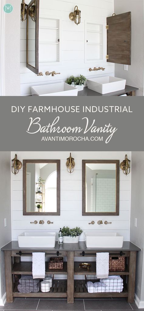 DIY Farmhouse Bathroom Vanity Diy Farmhouse Bathroom, Industrial Farmhouse Bathroom, Armoire Design, Farmhouse Bathroom Vanity, Diy Bathroom Vanity, Farmhouse Industrial, Industrial Bathroom, Industrial Farmhouse, Diy Remodel